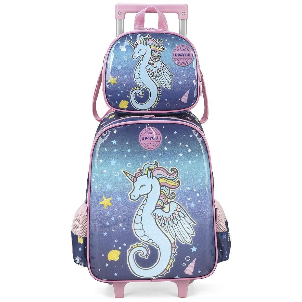Kit Mochila Rodinhas Lancheira Luxcel Up4You Unicórnio Azul
