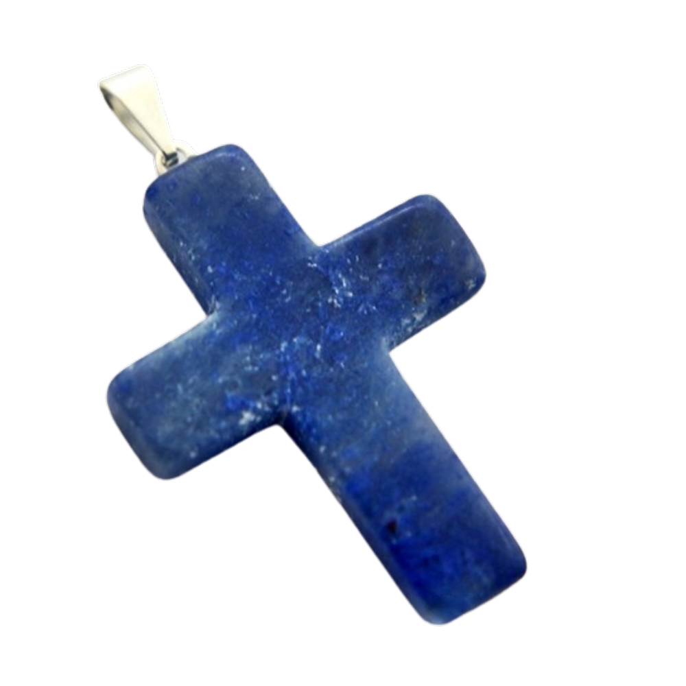 Colar Crucifixo Quartzo Azul Natural Pino Prateado