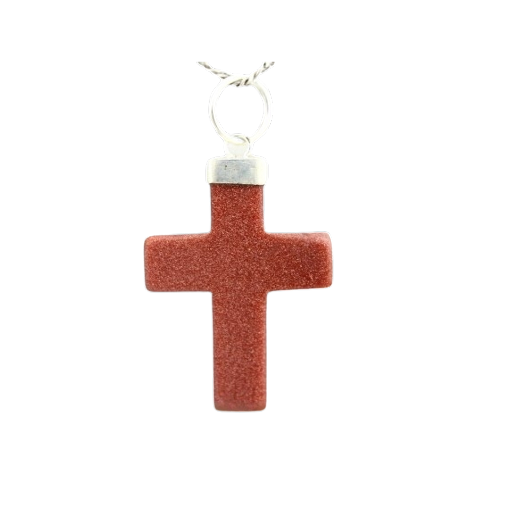 Colar Crucifixo Pedra do Sol Envolto em Prateado