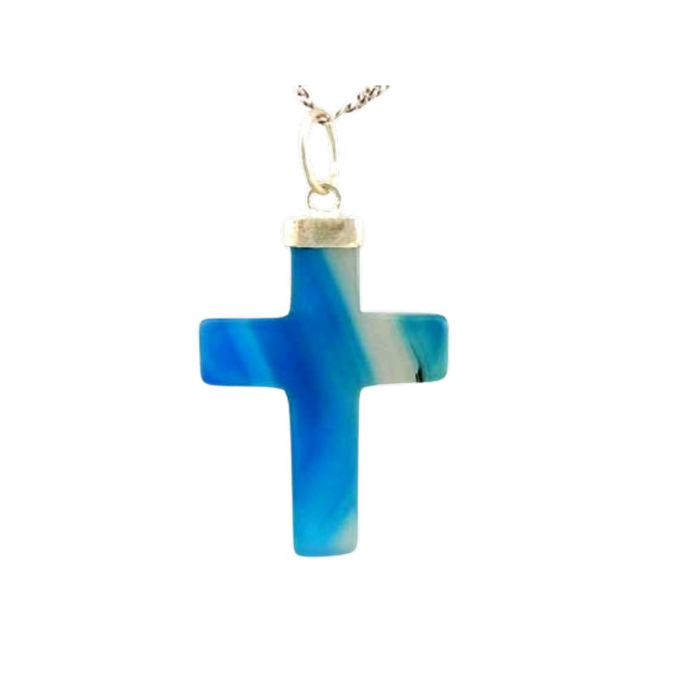 Colar Crucifixo Agata Azul Natural em Dourado