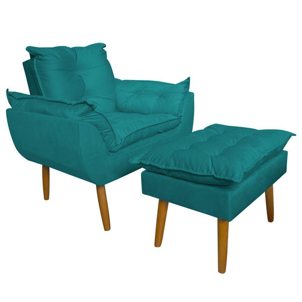 Conjunto Decorativo Poltrona com Puff Opala Suede Azul Turquesa - Montanaris Decor