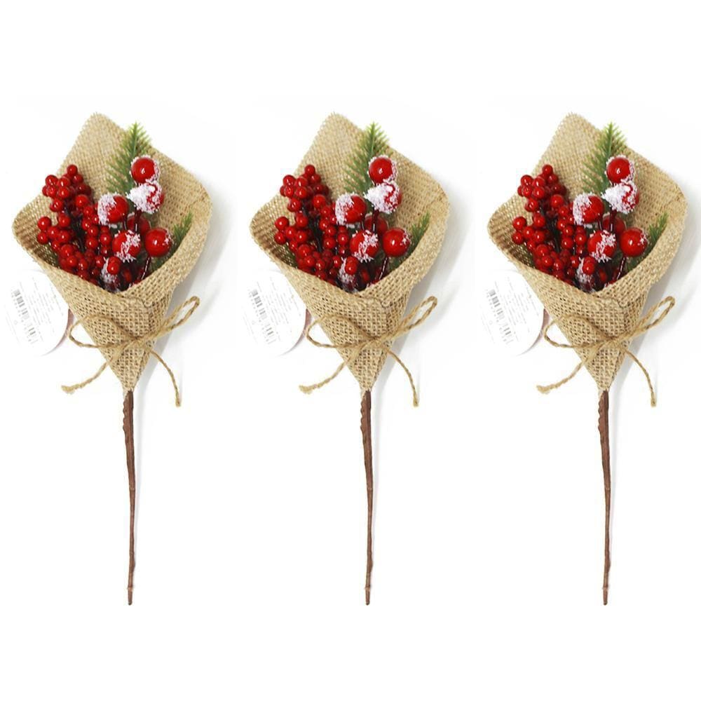 Enfeite Natal Kit 3 Pick Azevinhos Tecido 28cm Decoração