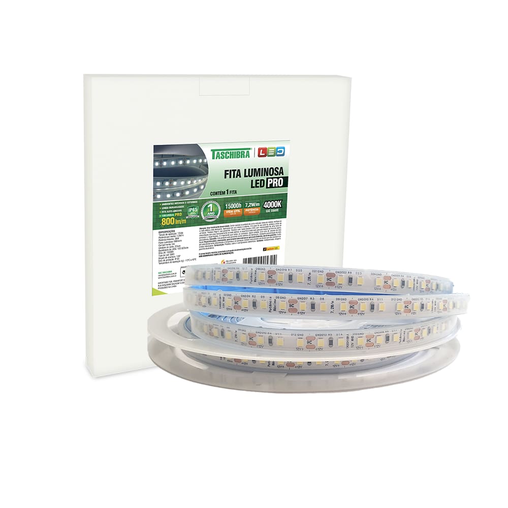 Fita de Led Slim Taschibra 7,2W/M 90 Leds 2835 IP20 12V | Valor Do Metro 4000K Luz Neutra