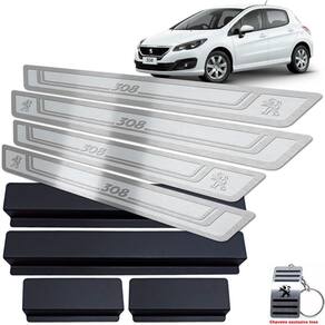 Soleira Em Aço Inox Peugeot 308 2011/2019 Prata Alto Relevo