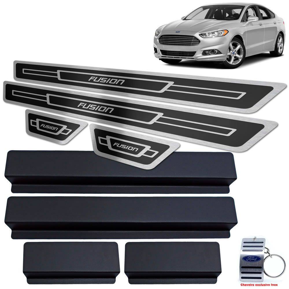 Soleira Aço Inox Ford Fusion 2013 A 2017 Preto Alto Relevo