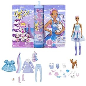 Calendário de Advento Barbie Color Reveal, 1 Boneca + 3 Animais, 25 Surpresas
