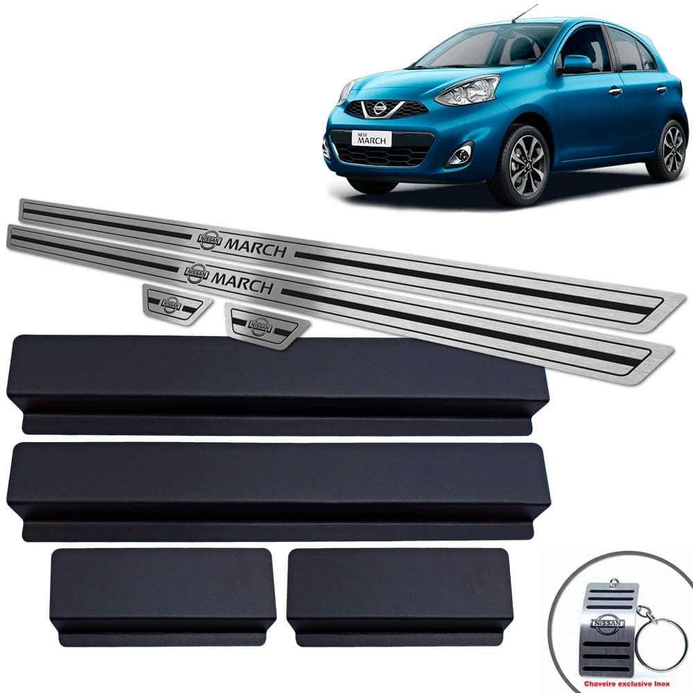 Soleiras Aço Inox Nissan March 2012/2020 Preto Baixo Relevo