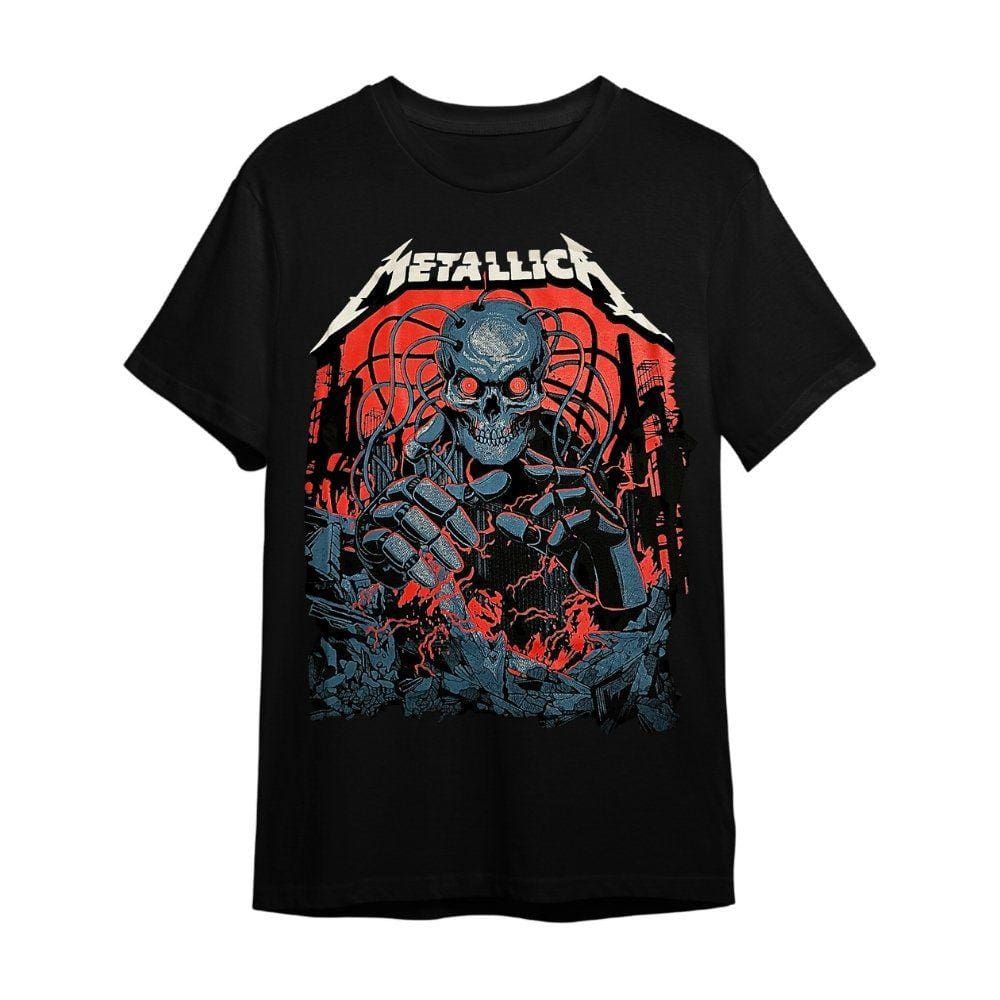 Camiseta Plus Size Metallica Robô Preta Banda De Rock Unissex
