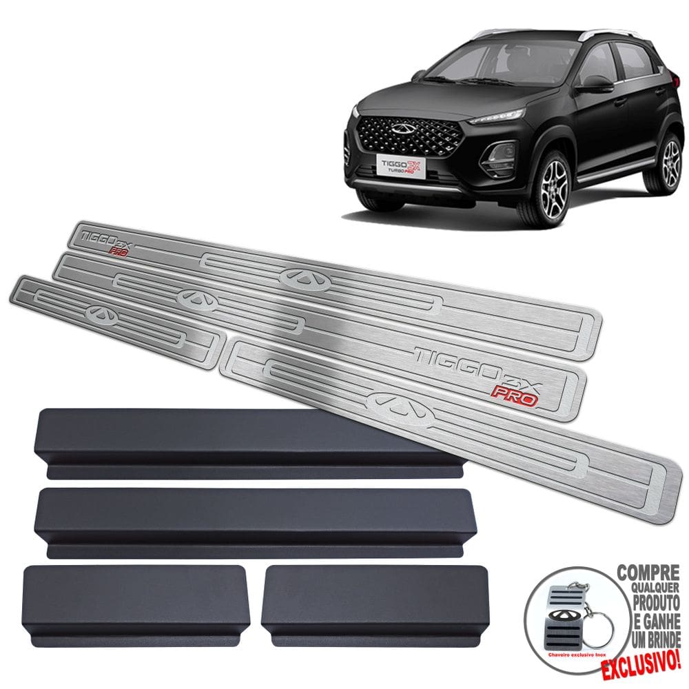 Soleira Em Aço Inox Chery Tiggo 3X Prata Baixo Relevo