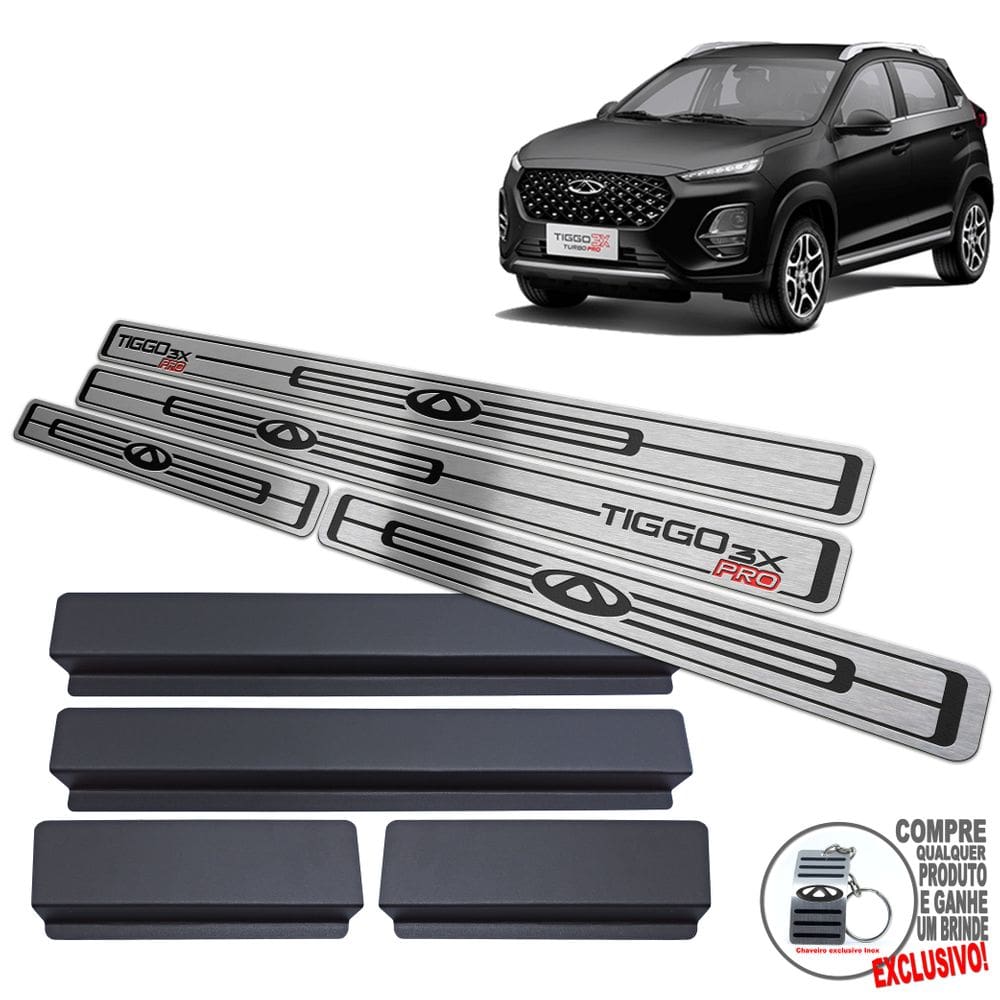 Soleira Em Aço Inox Chery Tiggo 3X Preto Baixo Relevo
