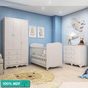 Quarto De Bebê Completo Com Guarda-Roupa Cômoda Junior New E Berço Uli New Móveis Peroba Branco Brilho