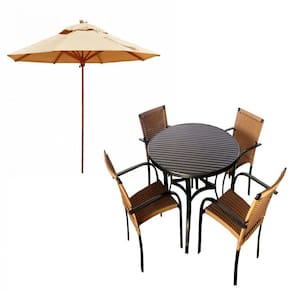Kit 4 Cadeiras e Mesa com Tampo Ripado em Alumínio e Ombrelone para Piscina, Jardim, Edícula, Área - Trama