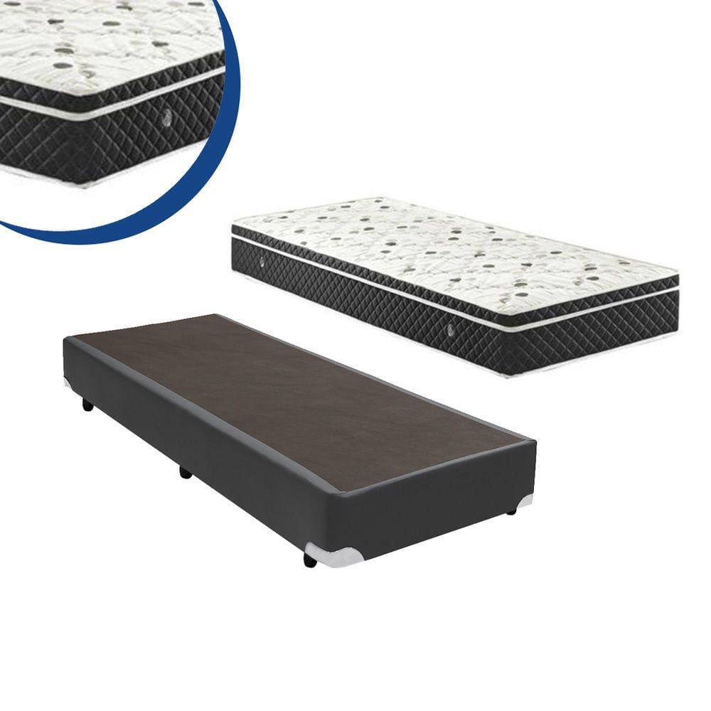 Cama Box Solteiro Colchão Espuma D33 Bordado + Box Cinza Suede 44x88x188