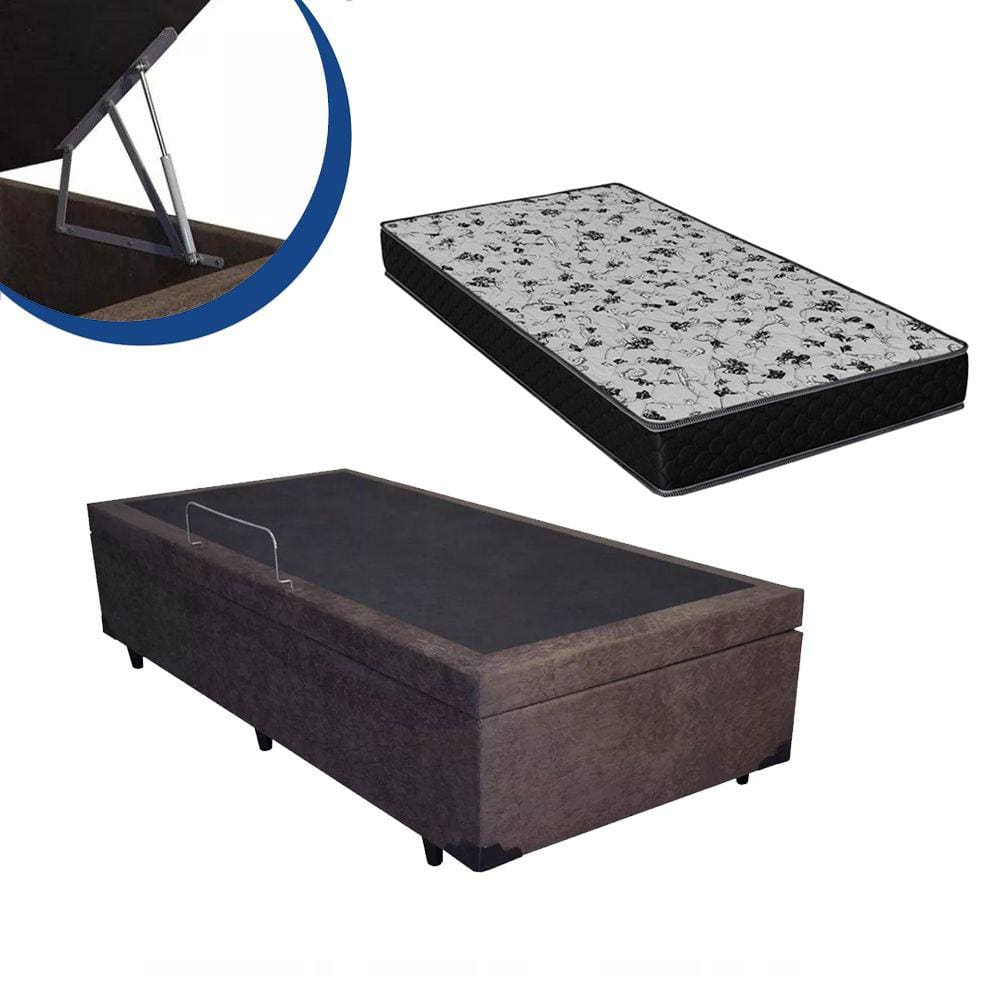 Cama Box Baú Solteiro Colchão Espuma D33 Bordado + Box Suede Marrom 53x88x188