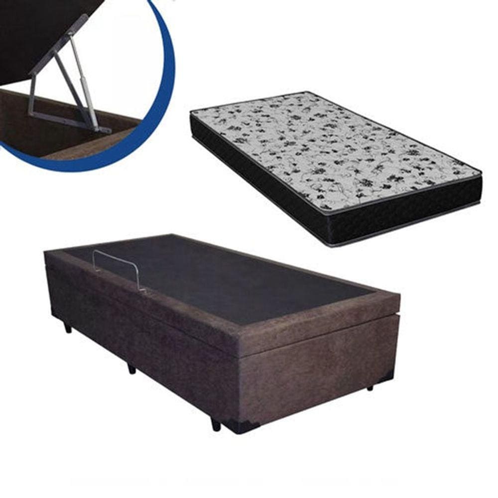 Cama Box Baú Solteiro Colchão Espuma D33 + Box Suede Marrom 53x88x188