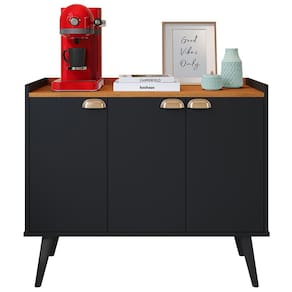 Aparador Buffet 3 Portas Cantinho Café Prateleira Organizadora Puxador Concha Vintage Pés Retrô Sala Jantar Truzzi - Preto/Cinamomo - RPM
