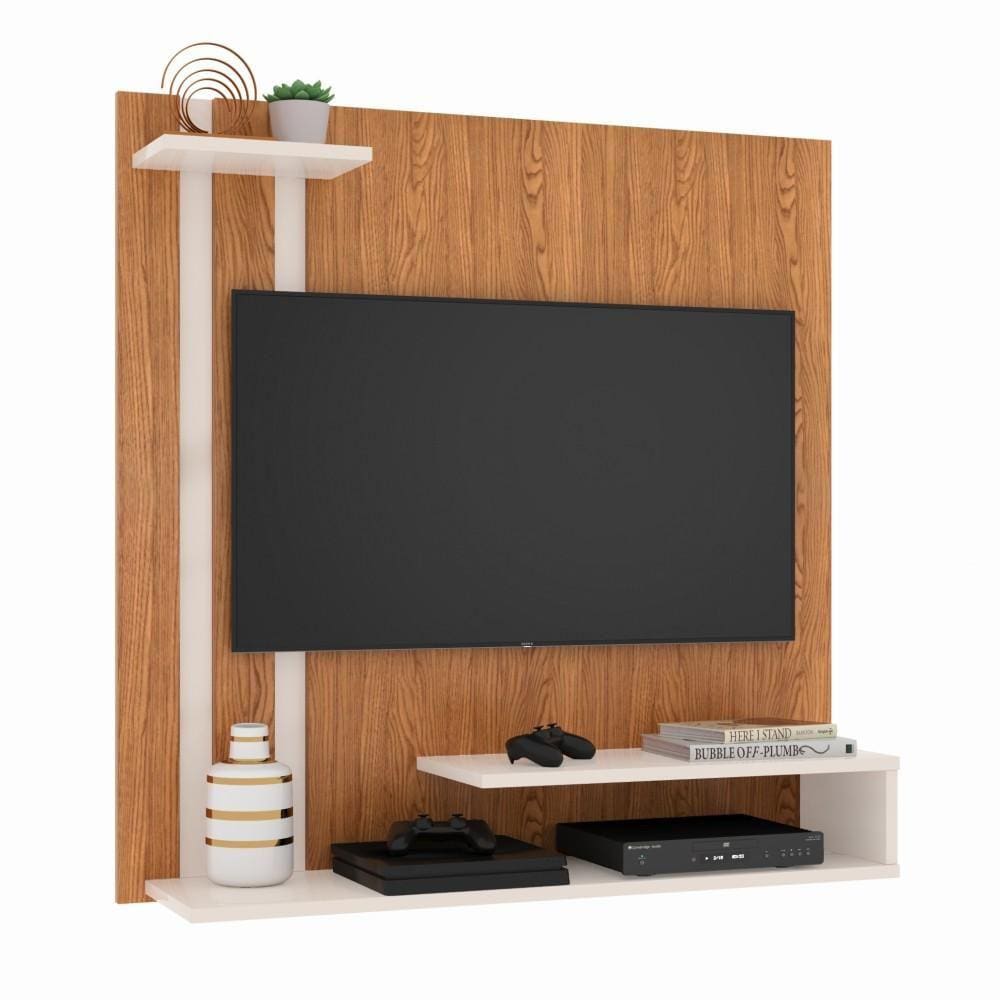 Painel Suspenso Para Tv Smart até 32 Polegadas Com Prateleira Organizadora Quarto Sala Retrô - Nature/ Off White