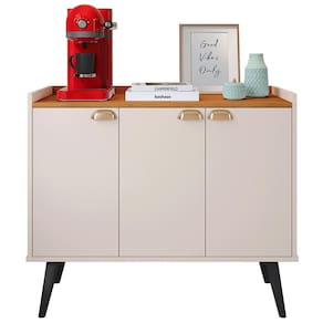 Aparador Buffet 3 Portas Cantinho Café Prateleira Organizadora Puxador Concha Vintage Pés Retrô Sala Jantar Truzzi - Off White/Cinamomo - RPM