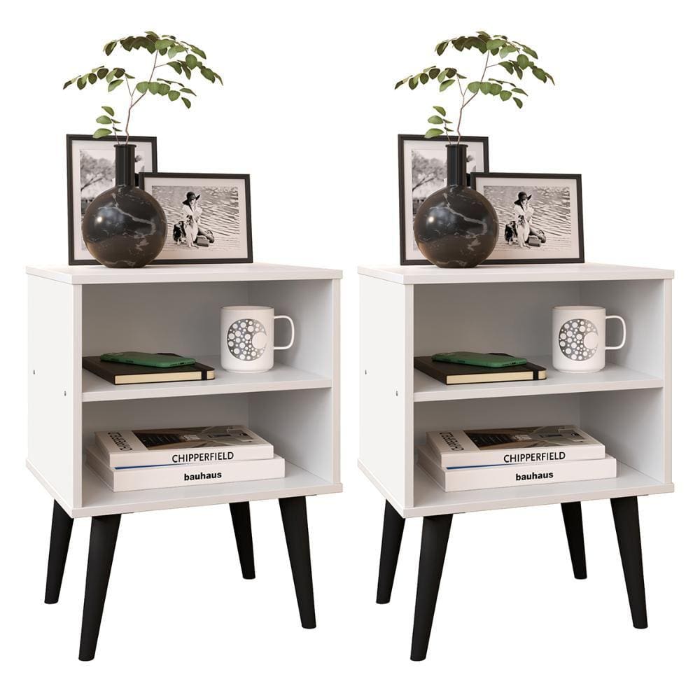 Kit 2 Mesinhas Apoio Lateral Cama Nicho Prateleira Pés Palito Jogo Mesa de Cabeceira Decoração Quarto Completo - Branco/Preto - RPM Móveis
