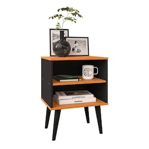 Mesa de Cabeceira Pequena Prateleira Nicho Decorativo Apoio Lateral Cama Quarto Casal Solteiro - Preto/Cinamomo - RPM Móveis