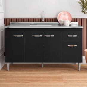 Balcão Armário de Cozinha Gabriela 150cm Preto S/Tampo - AJL Móveis