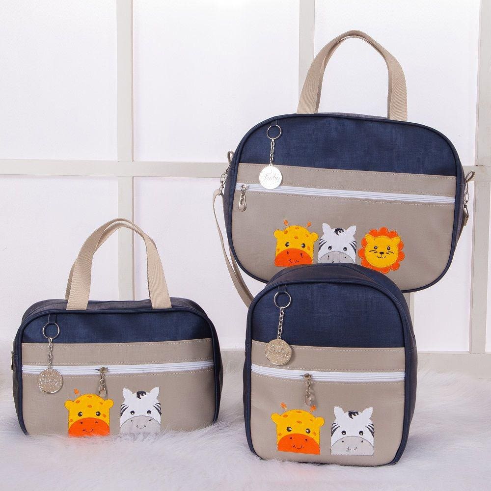 Kit De Bolsas Saída Maternidade Savana Azul Marinho Com Cinza 3 Peças