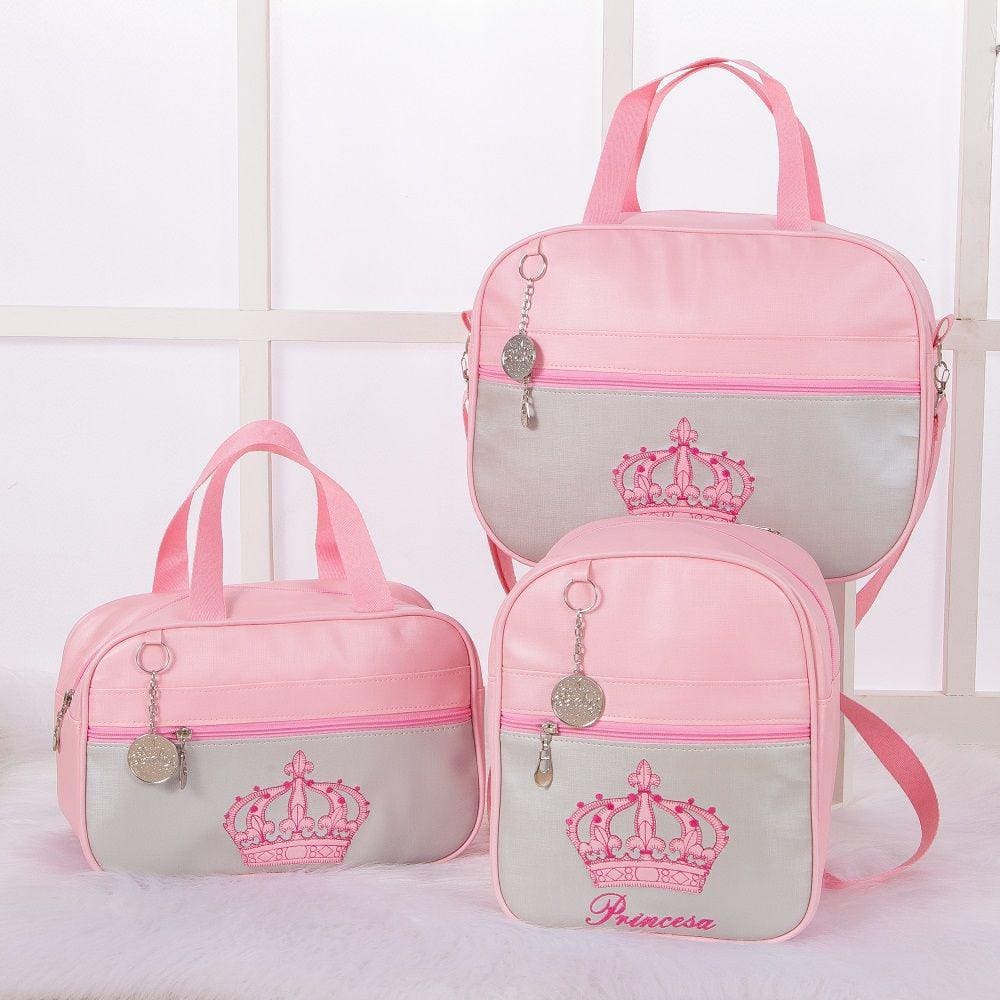Kit De Bolsas Saída Maternidade Imperial Rosa Com Cinza 3 Peças