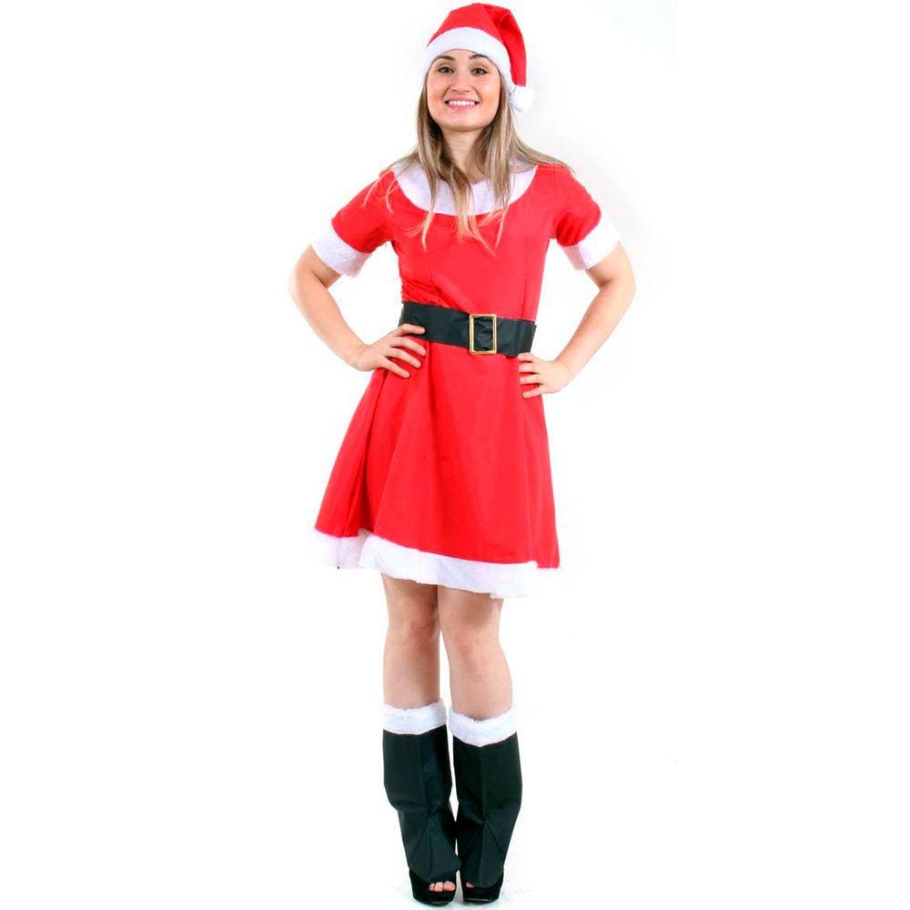 Fantasia Noelete Mamãe Noel Adulta Vestido Gorro Sobre Botas