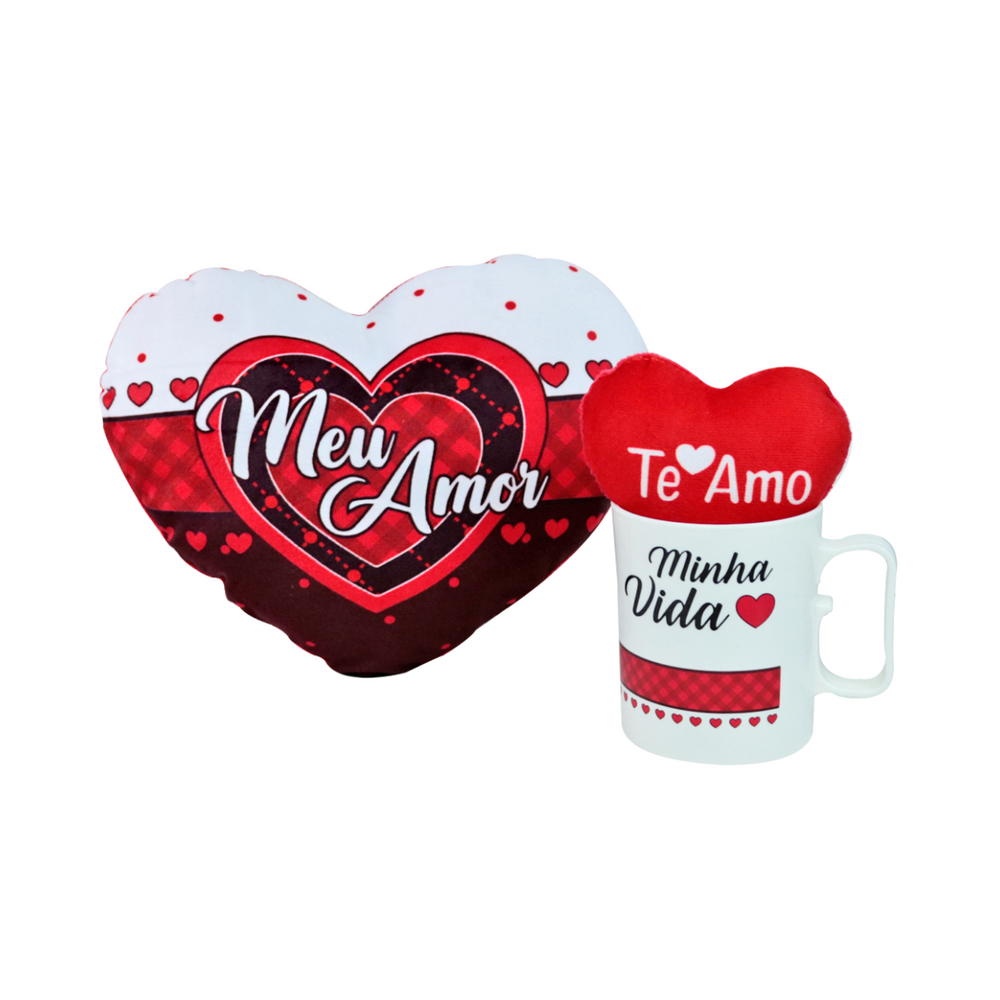 Kit Presente Caneca Plástico, Coração, Mini Coração Chaveiro