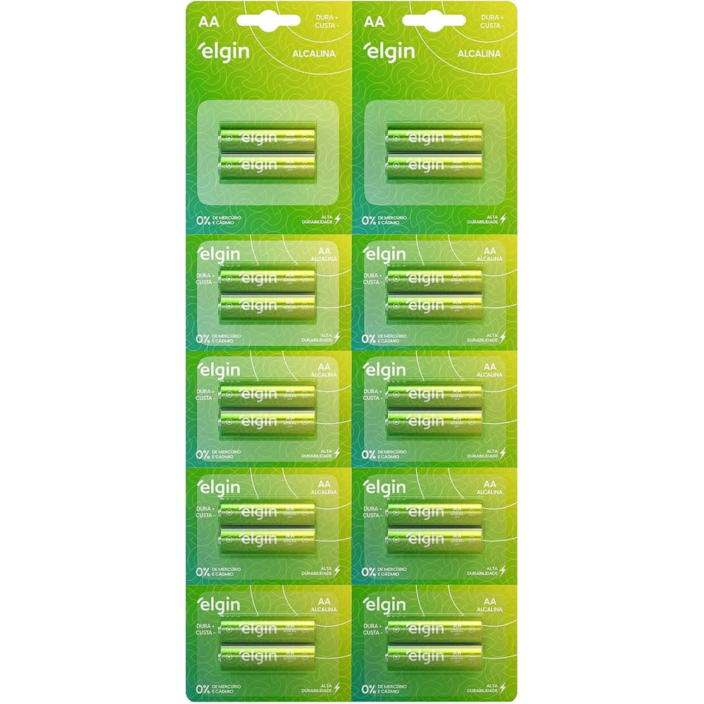Pilha Alcalina AA com 10 cartelas de 2 unidades Elgin - Comum