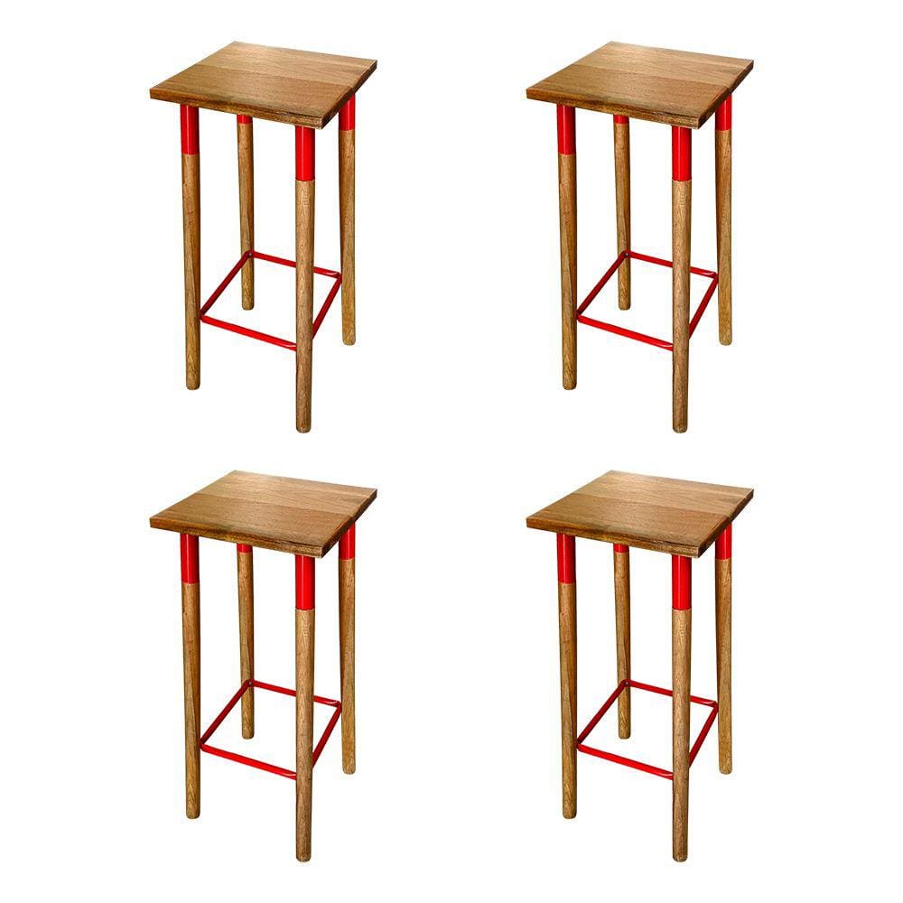 Kit 4 Banquetas Bistro Industrial Colors Ferro e Madeira Maciça - Vermelha