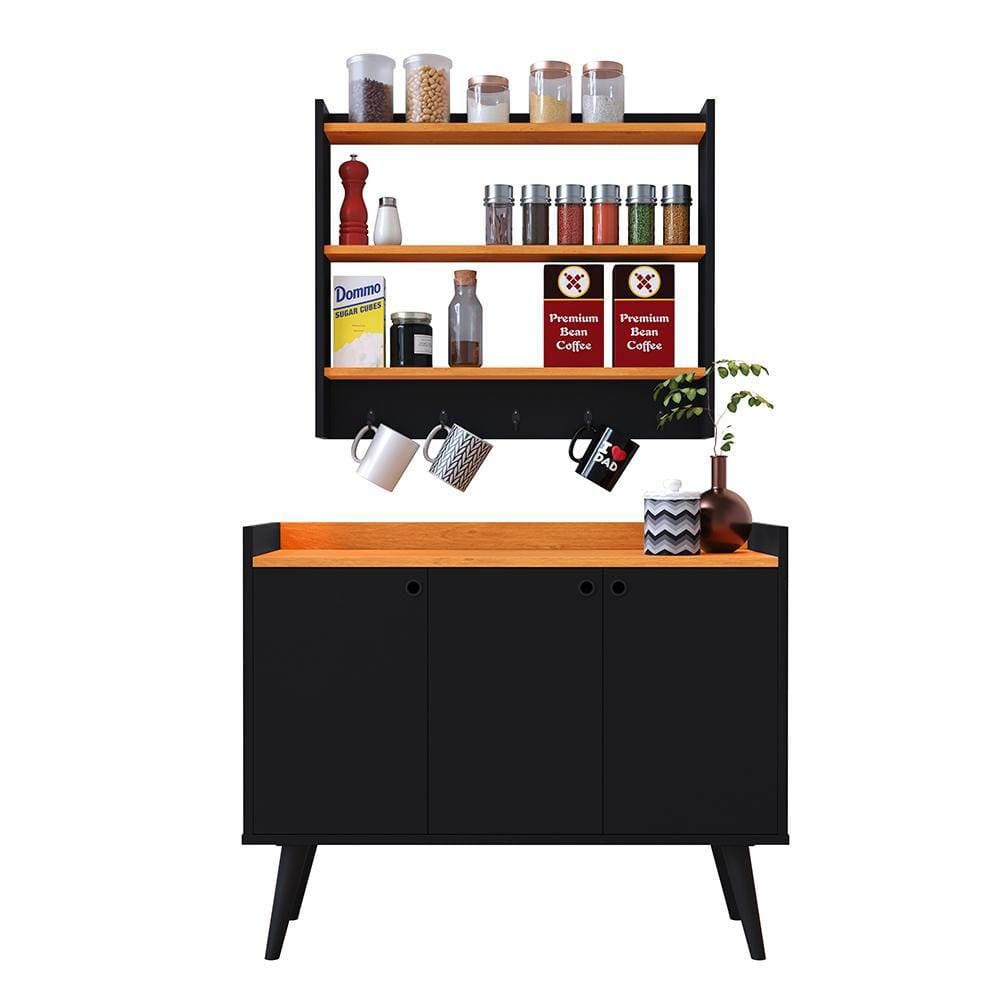 Kit Casa Completa Aparador Buffet 3 Portas Pés Palito Wood New Armário Suspenso Prateleiras Ganchos Organizadores Amélia - Preto/Cinamomo - RPM Móveis