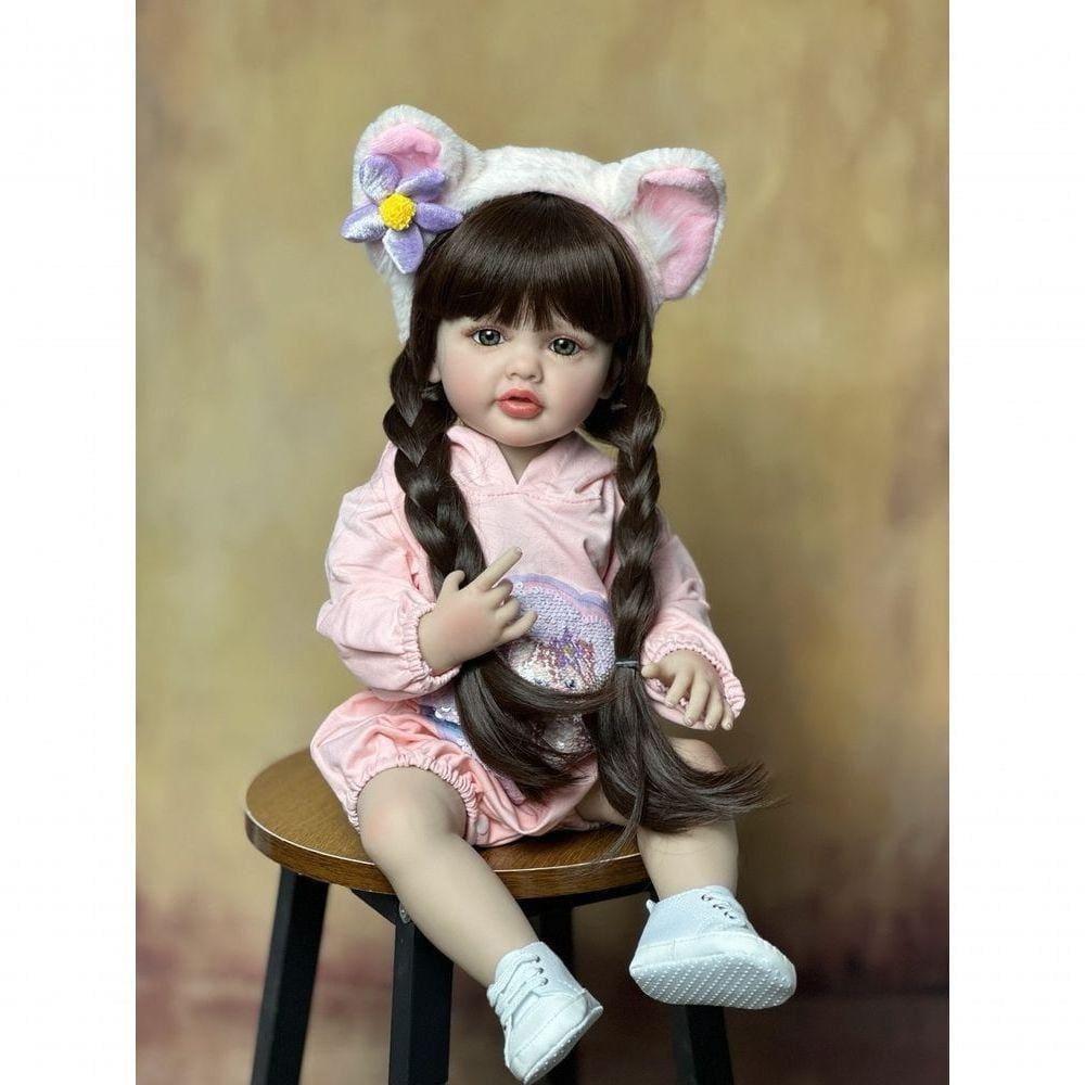 Bebê Reborn Menina Boneca De Silicone Macio Longo Cabelo Castanho Color Beier