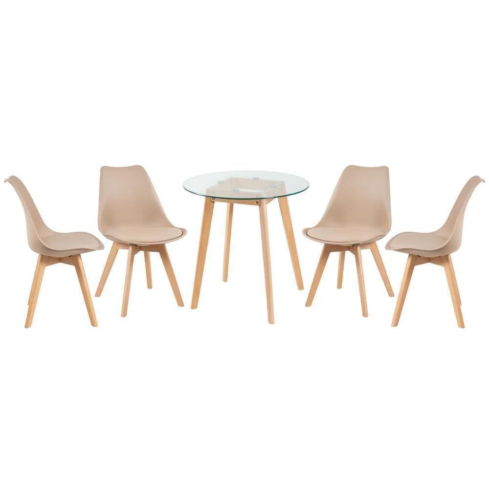 Mesa Redonda Com Tampo De Vidro 70 Cm + 4 Cadeiras Leda Nude Nude
