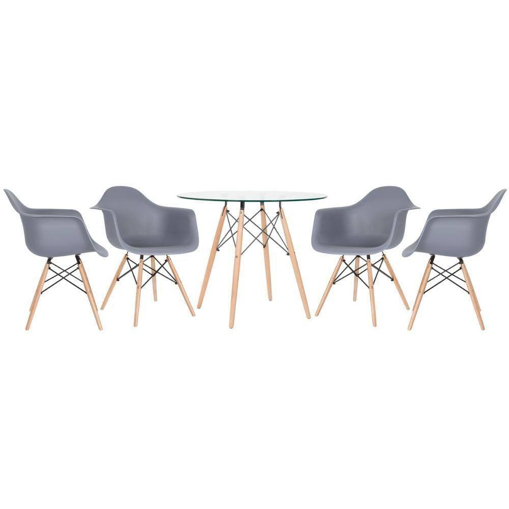 Mesa Redonda Eames Com Tampo De Vidro 90 Cm + 4 Cadeiras Eiffel Daw Cinza Escuro Cinza-escuro
