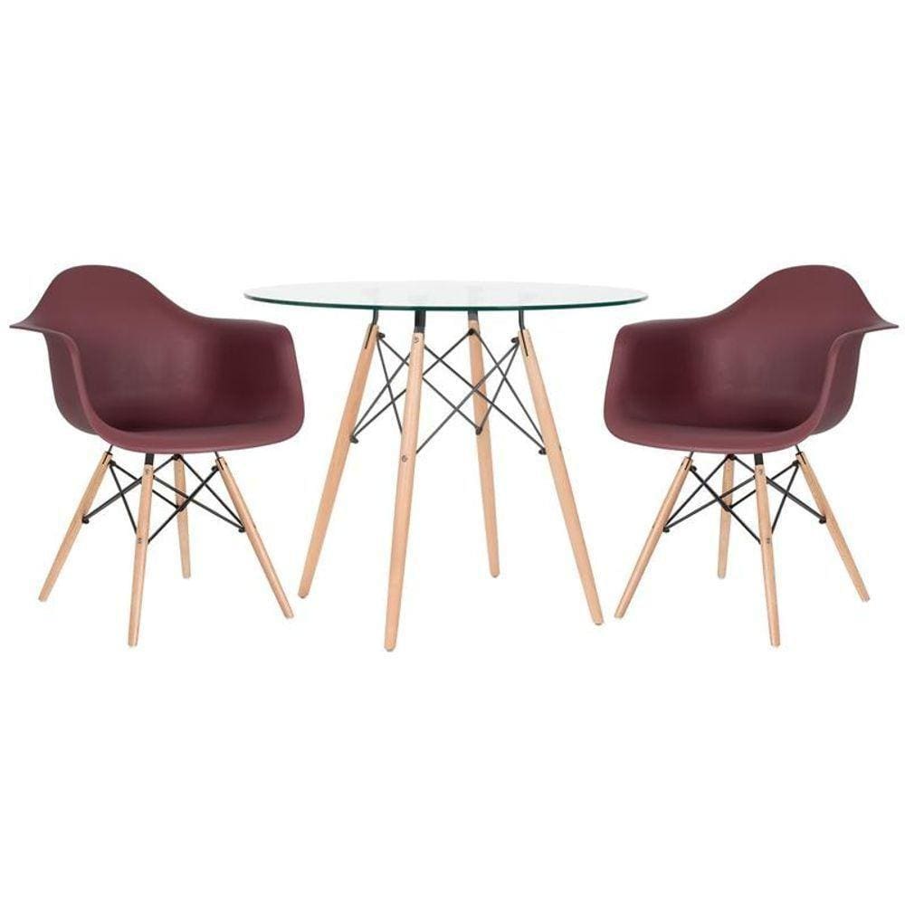 Mesa Redonda Eames Com Tampo De Vidro 90 Cm + 2 Cadeiras Eiffel Daw Marrom