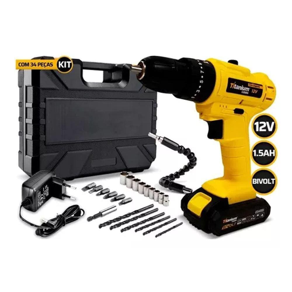 Parafusadeira A Bateria Exclusive 12V Sem Impacto Com 34 Peças + Maleta Titanium