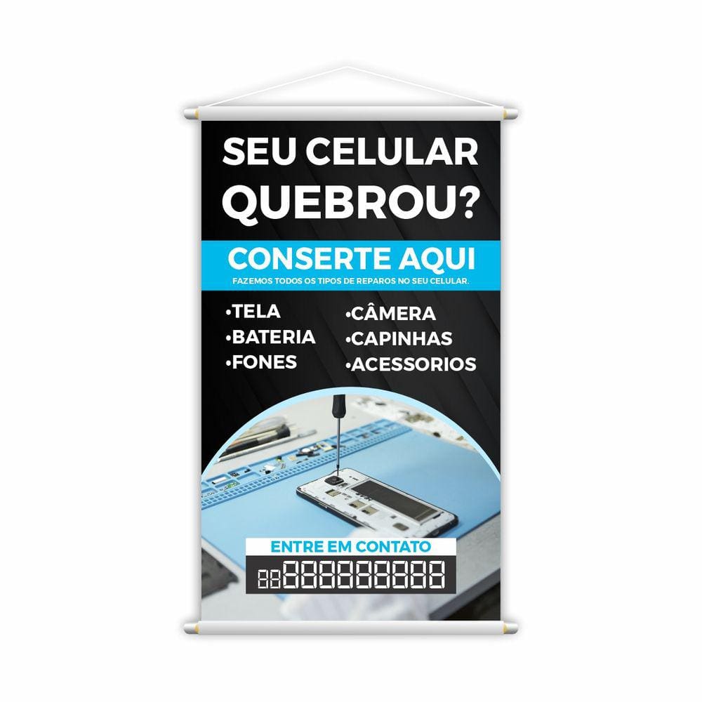 Banner Conserto Reparos de Celulares Número Contato 80x50cm