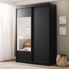 Guarda Roupa 2 Portas de Correr com 1 Espelho Samambaia Cabecasa Madeiramadeira Preto