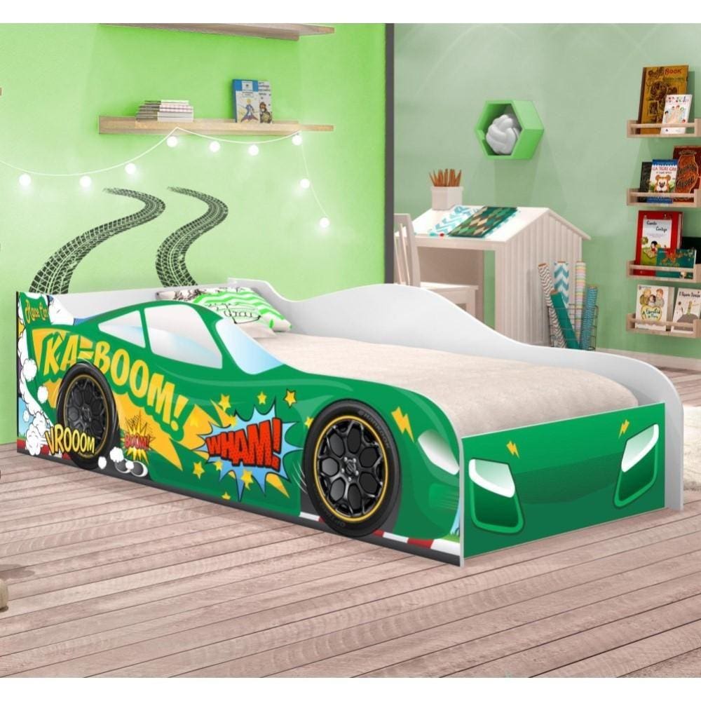 Cama Carro Kaboom Verde Solteiro Com Colchão