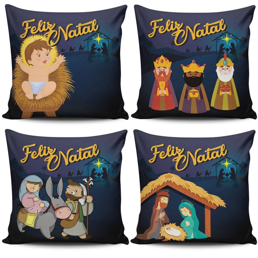 Kit c/ 4 Capas de Almofadas Estampadas Natalinas Feliz Natal Família Sagrada 45cm x 45cm - Decorativas Festas Fim de Ano