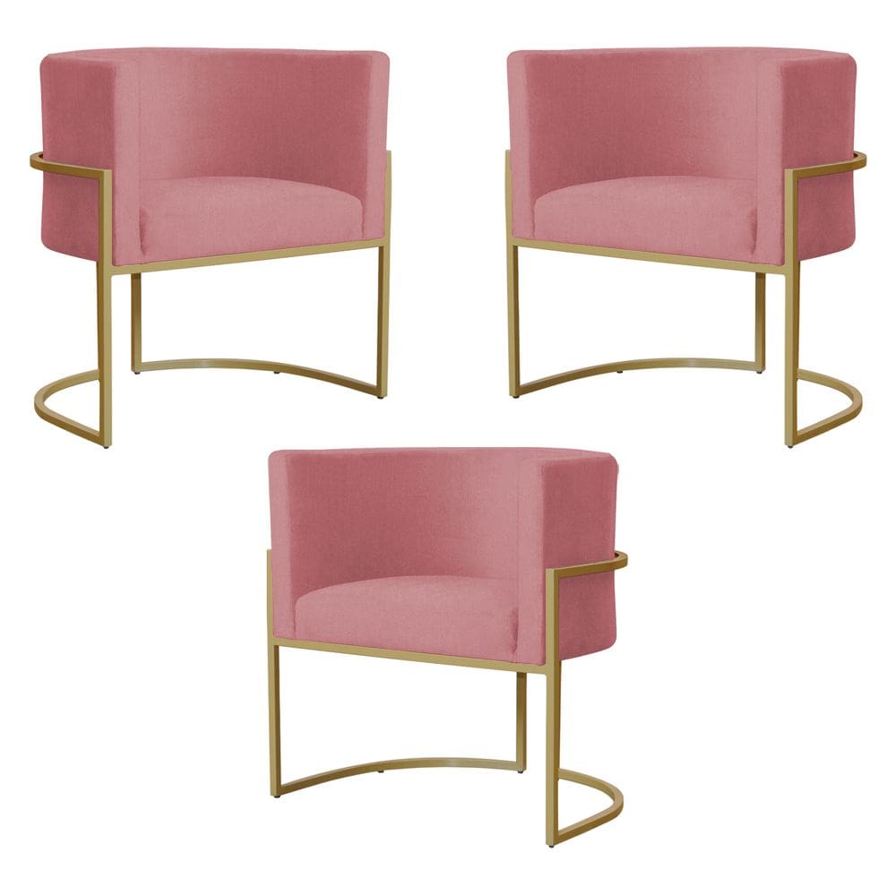 Kit 3 Poltronas Decorativa Sala de Estar Luana Base Gold Suede Rosa - Montanaris Decor