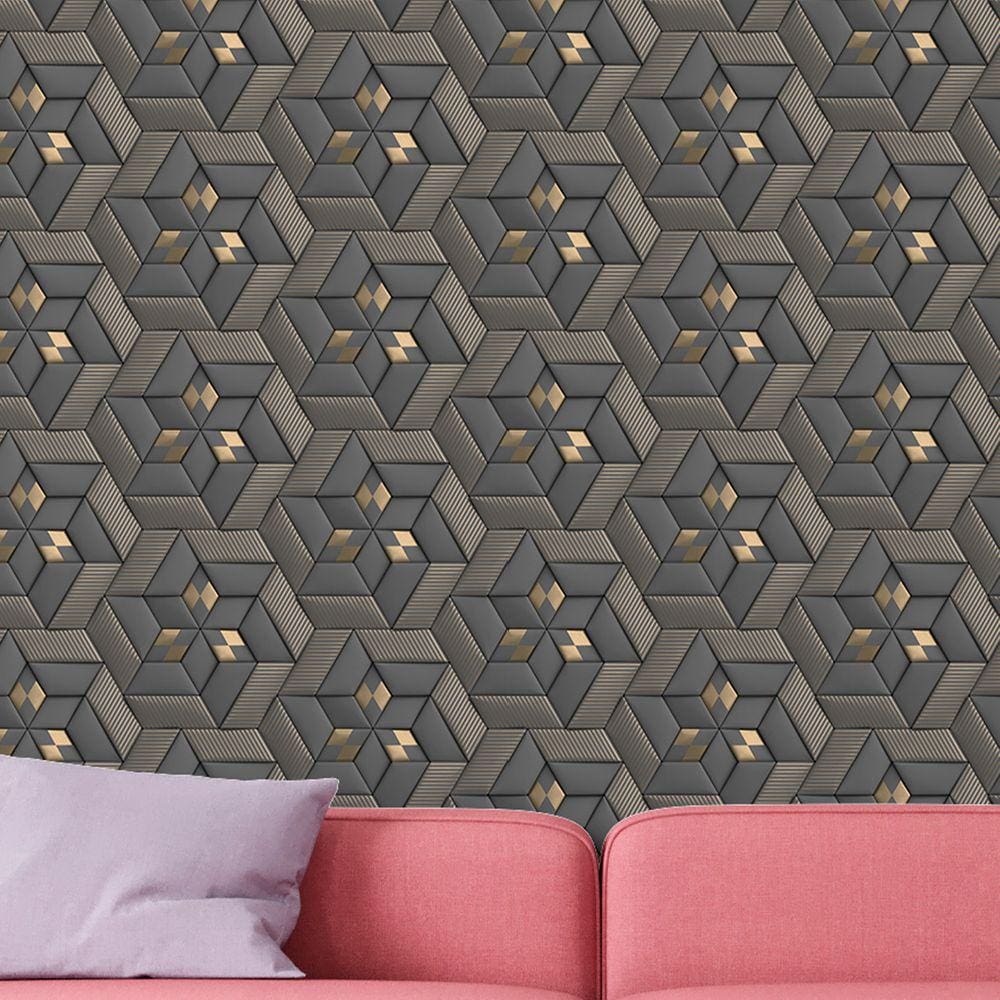 Papel de Parede 3D Auto Adesivo Geométrico Triangulos Preto e dourado Lavavel quarto sala 12m