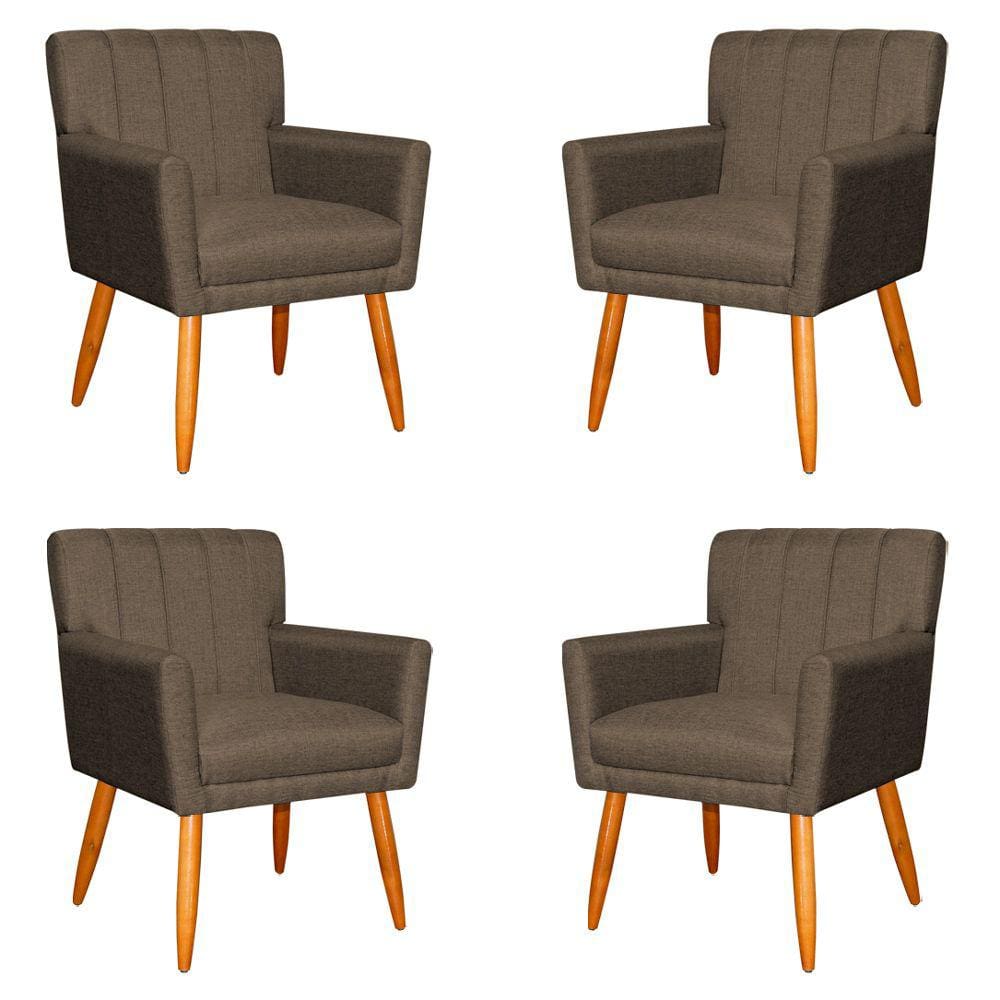 Kit 4 Poltronas Decorativa para Sala de Estar Cecília Linho Marrom - Montanaris Decor