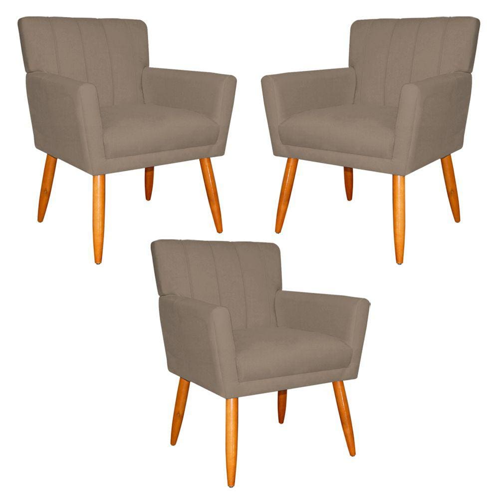 Kit 3 Poltronas Decorativa para Sala de Estar Cecília Suede Cappuccino - Montanaris Decor