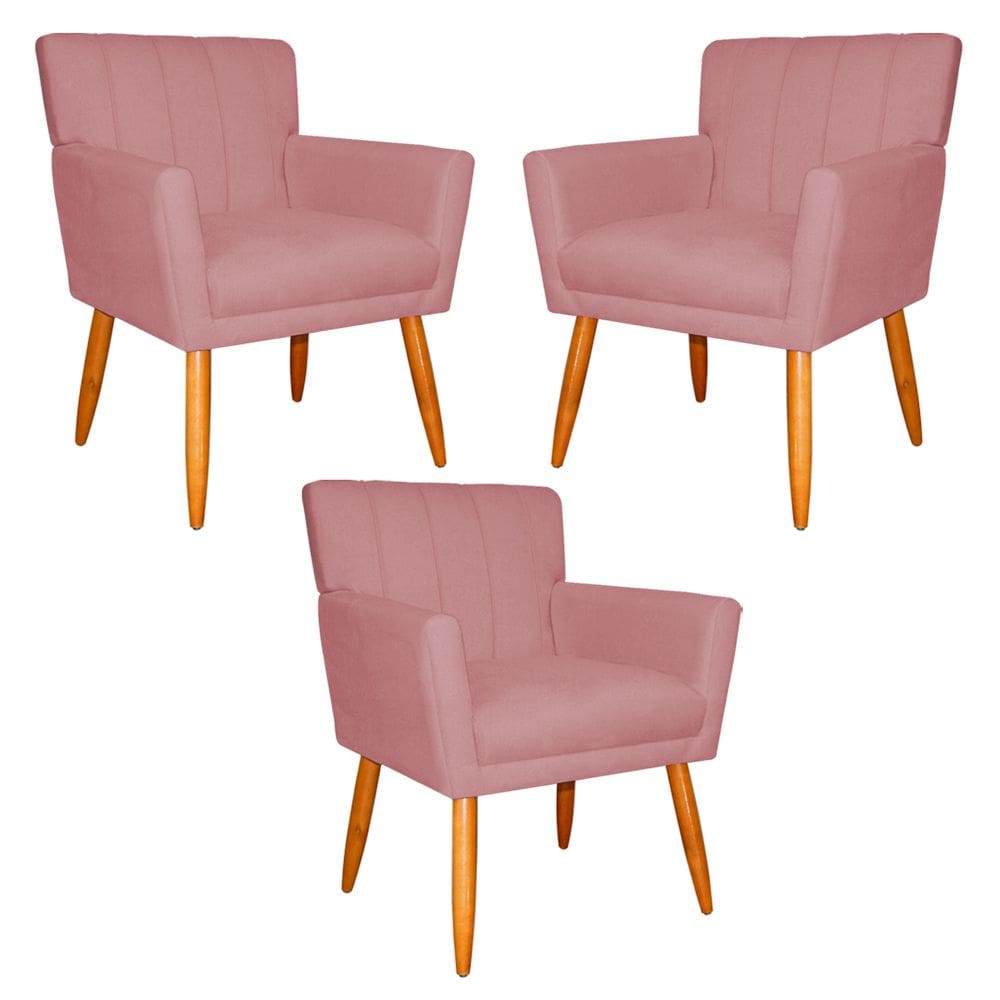 Kit 3 Poltronas Decorativa para Sala de Estar Cecília Suede Rosa - Montanaris Decor