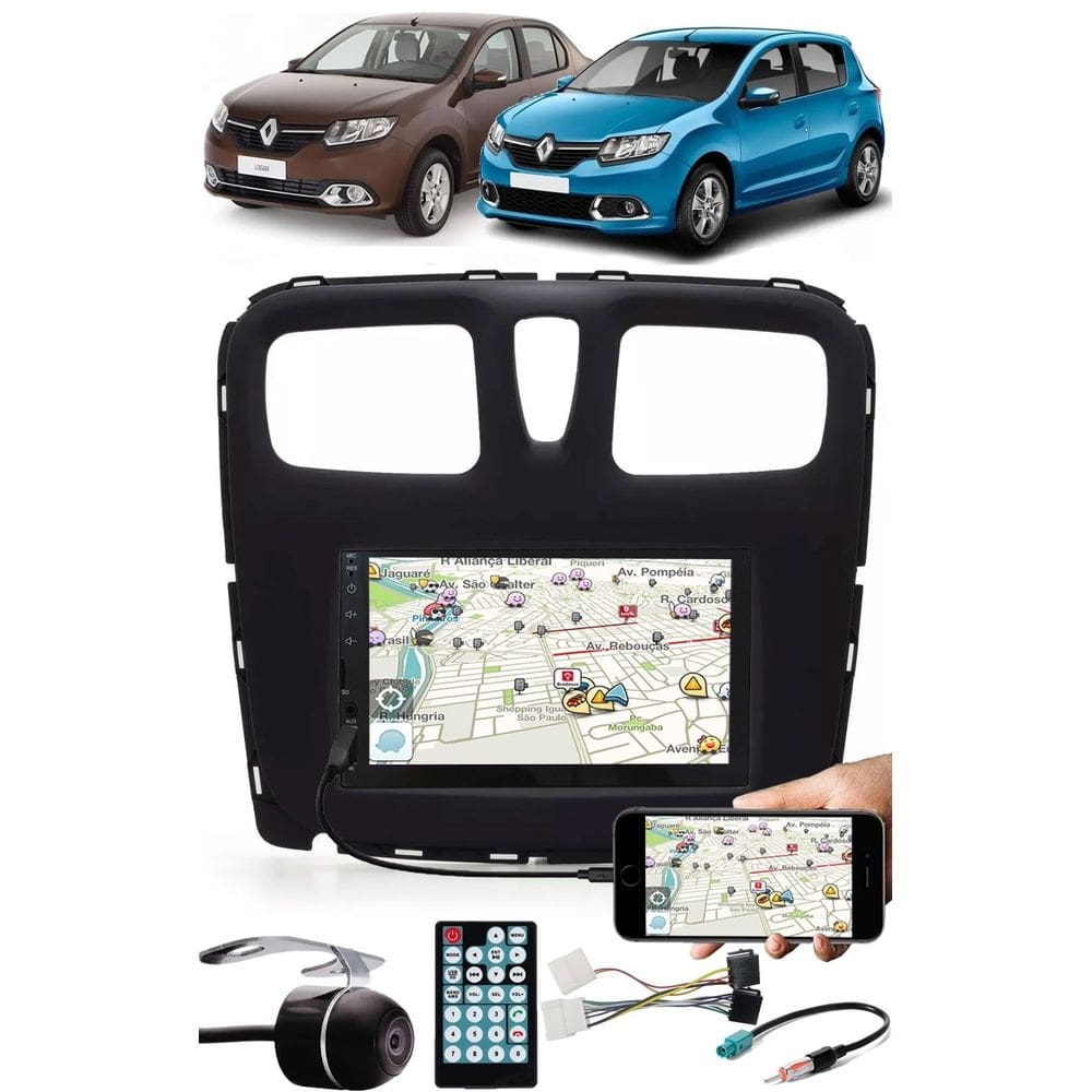 Multimídia Renault Logan Sandero 2015 à 2020 Espelhamento Bluetooth USB SD Card + Moldura + Chicotes + Câmera Ré