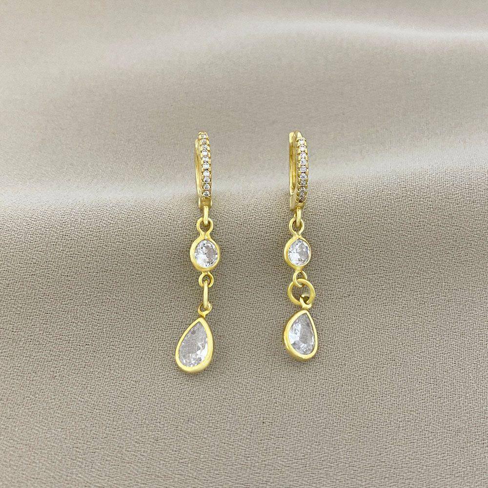 Brinco Argolinha Cravejada com Pingente 2 Pontos de Luz de Zircônia