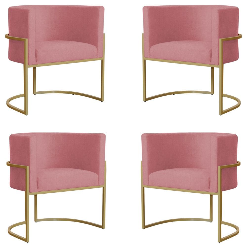 Kit 4 Poltronas Decorativa Sala de Estar Luana Base Gold Suede Rosa - Montanaris Decor