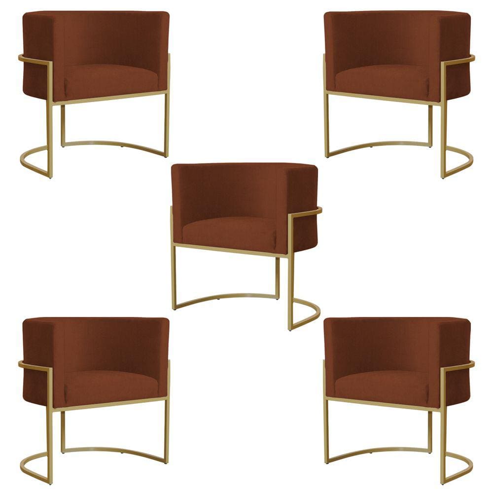 Kit 5 Poltronas Decorativa Sala de Estar Luana Base Gold Suede Terracota - Montanaris Decor